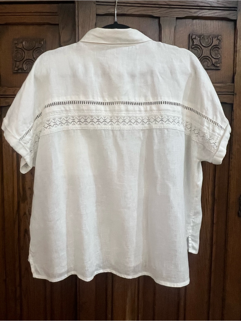 100% Linen White Button-Up Shirt Size Lg | Crochet Eyelet | Coastal Minimalist - Picture 2 of 5